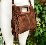 Dark brown crossbody fringed bag. BOHO suede leather bag with FRINGES. Chocolate brown genuine suede leather. Dark brown suede purse.