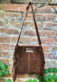 Dark brown crossbody fringed bag. BOHO suede leather bag with FRINGES. Chocolate brown genuine suede leather. Dark brown suede purse.