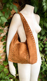 Slouch bag in CAMEL brown with bronze tacks and zipper. Genuine leather bag. Light tobacco color lined bag. Medium brown suede purse.