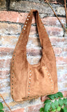 Slouch bag in CAMEL brown with bronze tacks and zipper. Genuine leather bag. Light tobacco color lined bag. Medium brown suede purse.