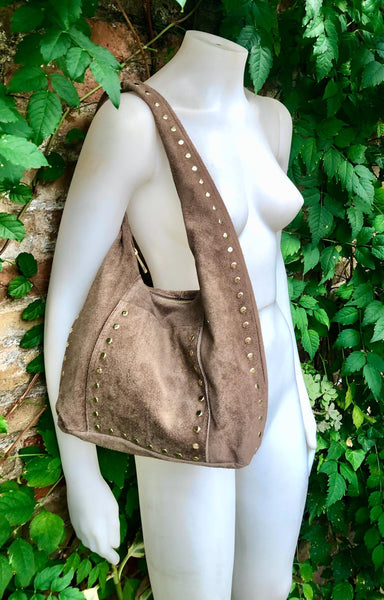 Slouch bag in TAUPE brown with bronze tacks and zipper. Genuine leather bag. Light BROWN color lined bag. Greyge brown suede purse.