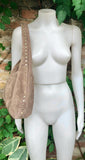 Slouch bag in TAUPE brown with bronze tacks and zipper. Genuine leather bag. Light BROWN color lined bag. Greyge brown suede purse.