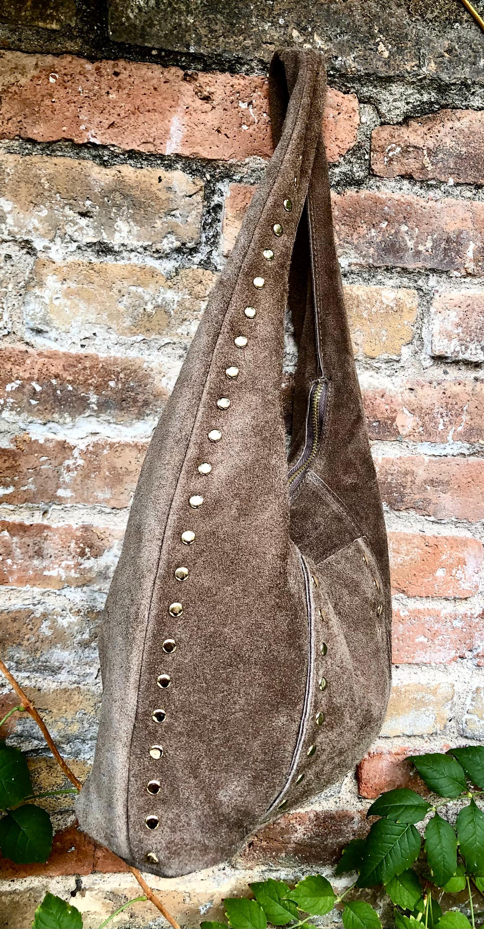 Slouch bag in TAUPE brown with bronze tacks and zipper. Genuine leather bag. Light BROWN color lined bag. Greyge brown suede purse.