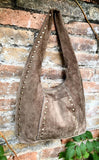 Slouch bag in TAUPE brown with bronze tacks and zipper. Genuine leather bag. Light BROWN color lined bag. Greyge brown suede purse.