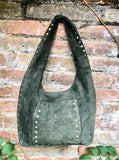 Slouch bag in dark green with bronze tacks and zipper. Genuine leather bag.Green color lined bag. Green suede purse. Wide strap shoulder bag