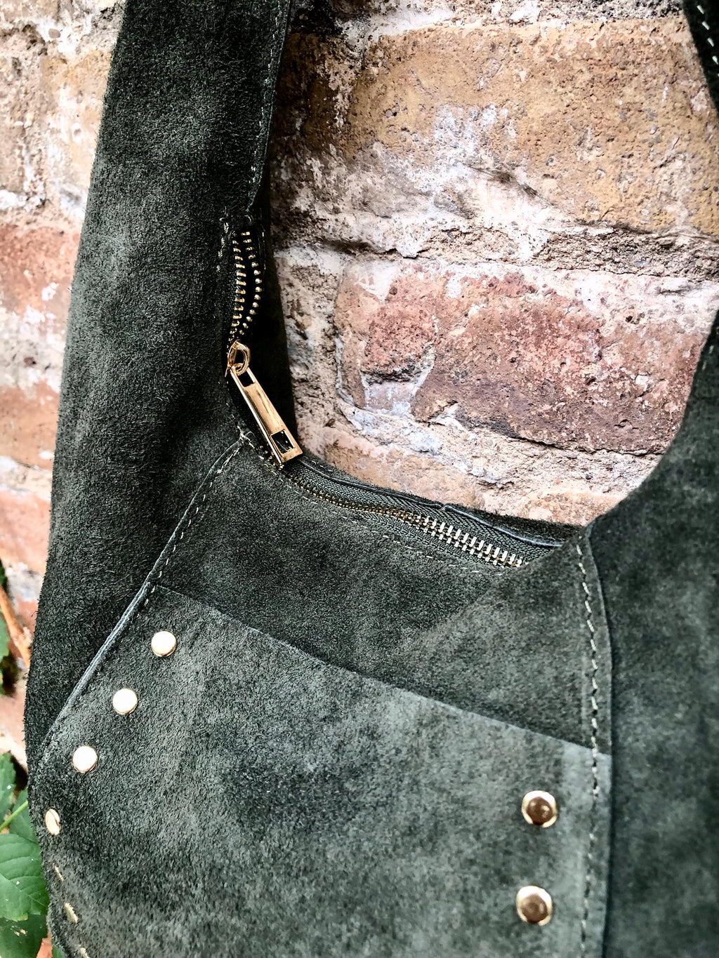 Slouch bag in dark green with bronze tacks and zipper. Genuine leather bag.Green color lined bag. Green suede purse. Wide strap shoulder bag