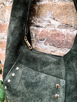 Slouch bag in dark green with bronze tacks and zipper. Genuine leather bag.Green color lined bag. Green suede purse. Wide strap shoulder bag