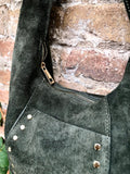 Slouch bag in dark green with bronze tacks and zipper. Genuine leather bag.Green color lined bag. Green suede purse. Wide strap shoulder bag