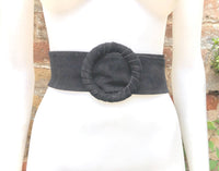 Black suede waist belt with large round buckle. Boho soft suede belt in BLACK Genuine natural BLACK suede wide belt