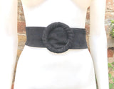 Black suede waist belt with large round buckle. Boho soft suede belt in BLACK Genuine natural BLACK suede wide belt