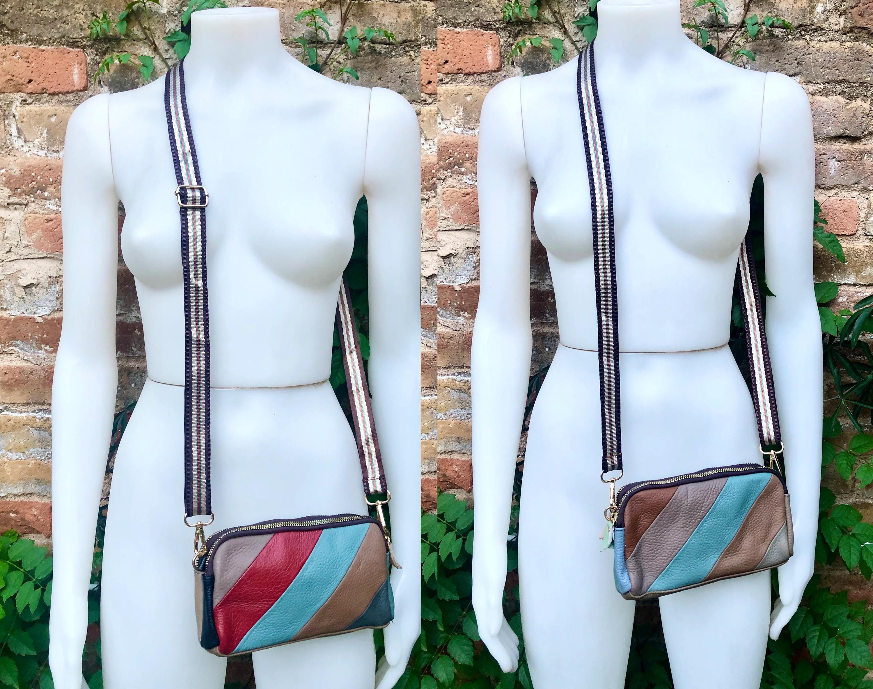 Small genuine leather bag. 2 sided cross body /shoulder bag./ wristet. 70s boho purse. Red, blue, brown with narrow guitar strap