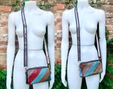 Small genuine leather bag. 2 sided cross body /shoulder bag./ wristet. 70s boho purse. Red, blue, brown with narrow guitar strap