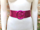 HOT PINK metallic leather waist belt with large round buckle. Fuchsia leather belt. Boho glitter genuine leather belt. PINK waist belt