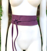 Purple wide OBI belt in genuine soft suede. Waist belt in purple. Dark mauve boho belt. Wide dress wraparound purple belt. Longer option.