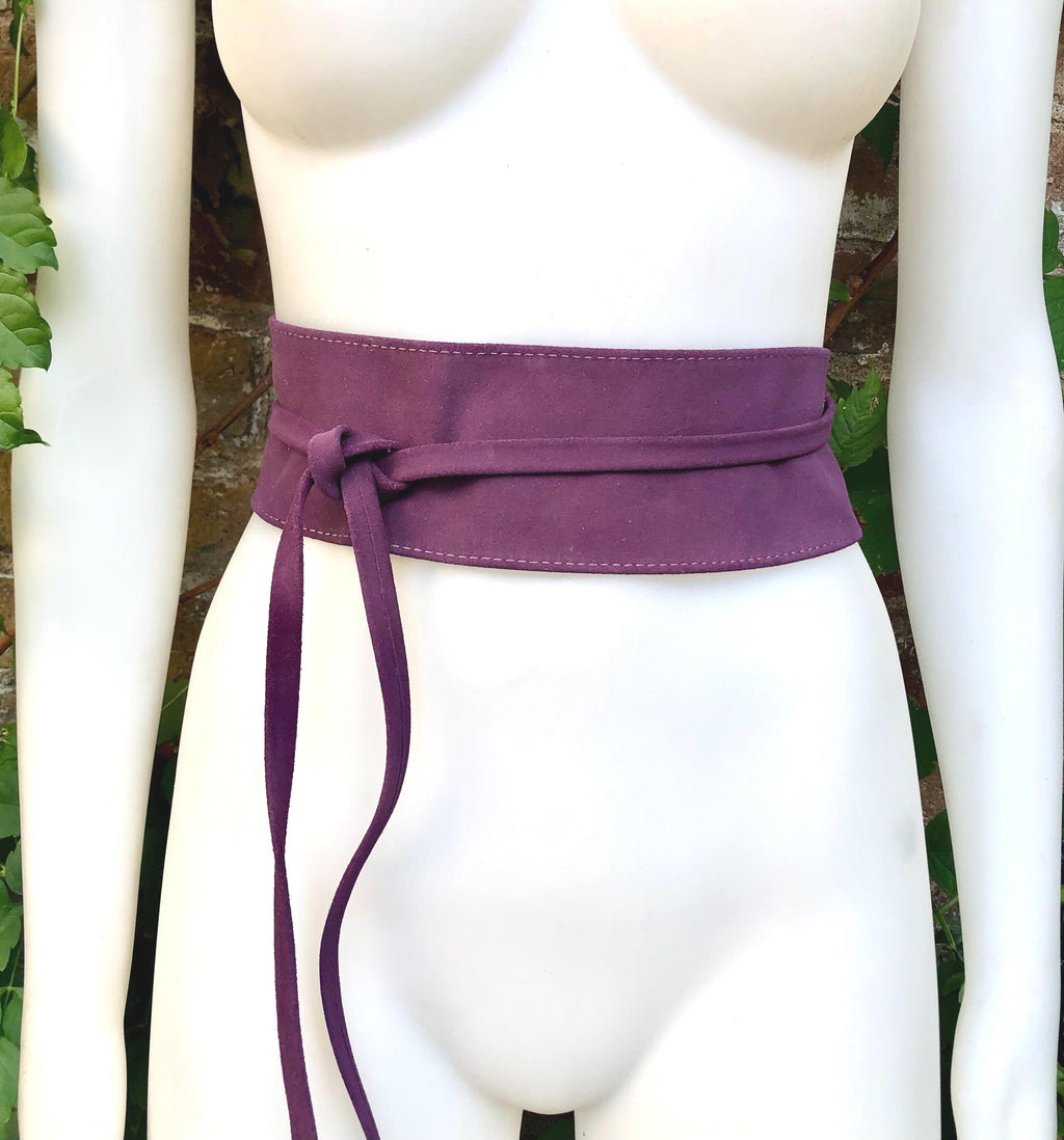 Purple wide OBI belt in genuine soft suede. Waist belt in purple. Dark mauve boho belt. Wide dress wraparound purple belt. Longer option.