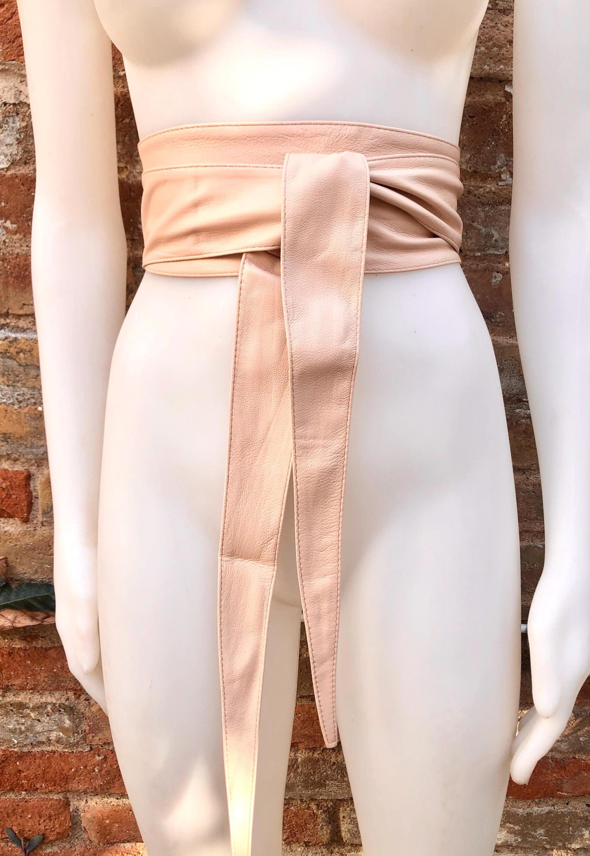 Light PINK obi belt. Soft genuine soft leather wrap belt. Wraparound waist belt. Wide style. Soft pink dress belt in metallic leather.