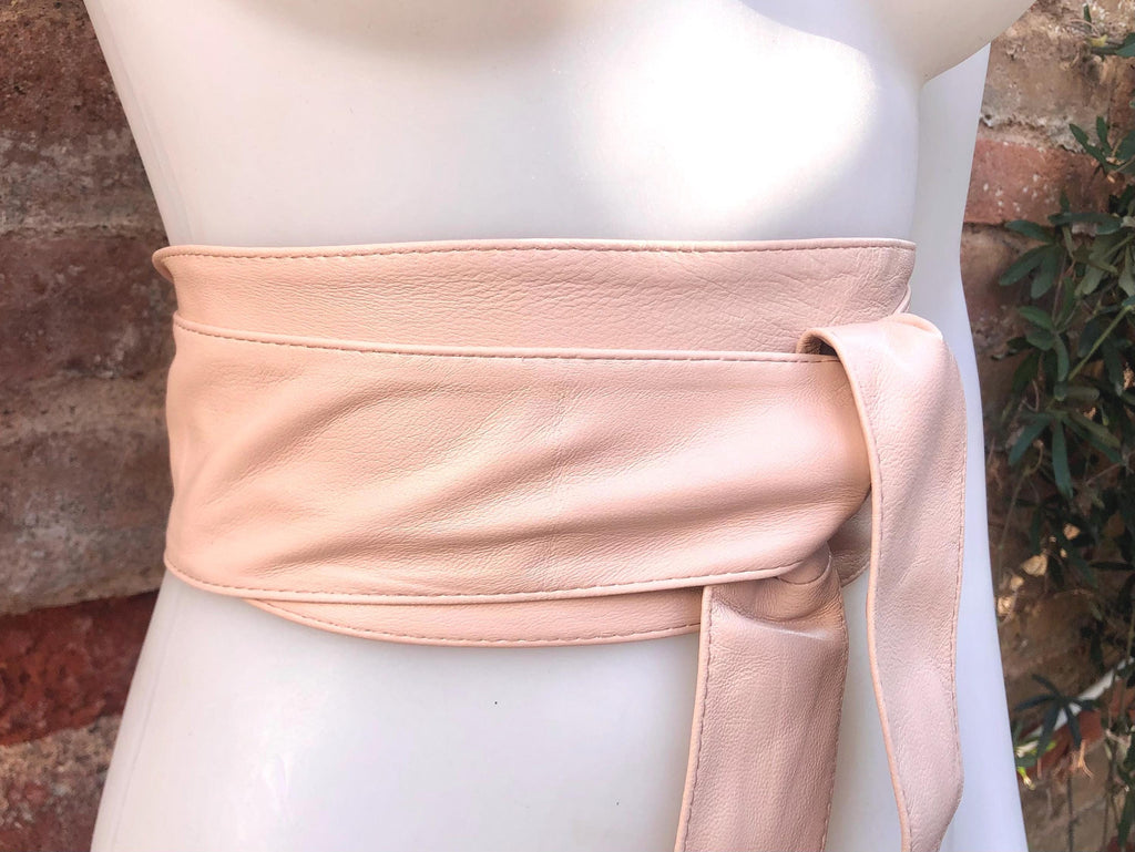 Light PINK obi belt. Soft genuine soft leather wrap belt. Wraparound waist belt. Wide style. Soft pink dress belt in metallic leather.