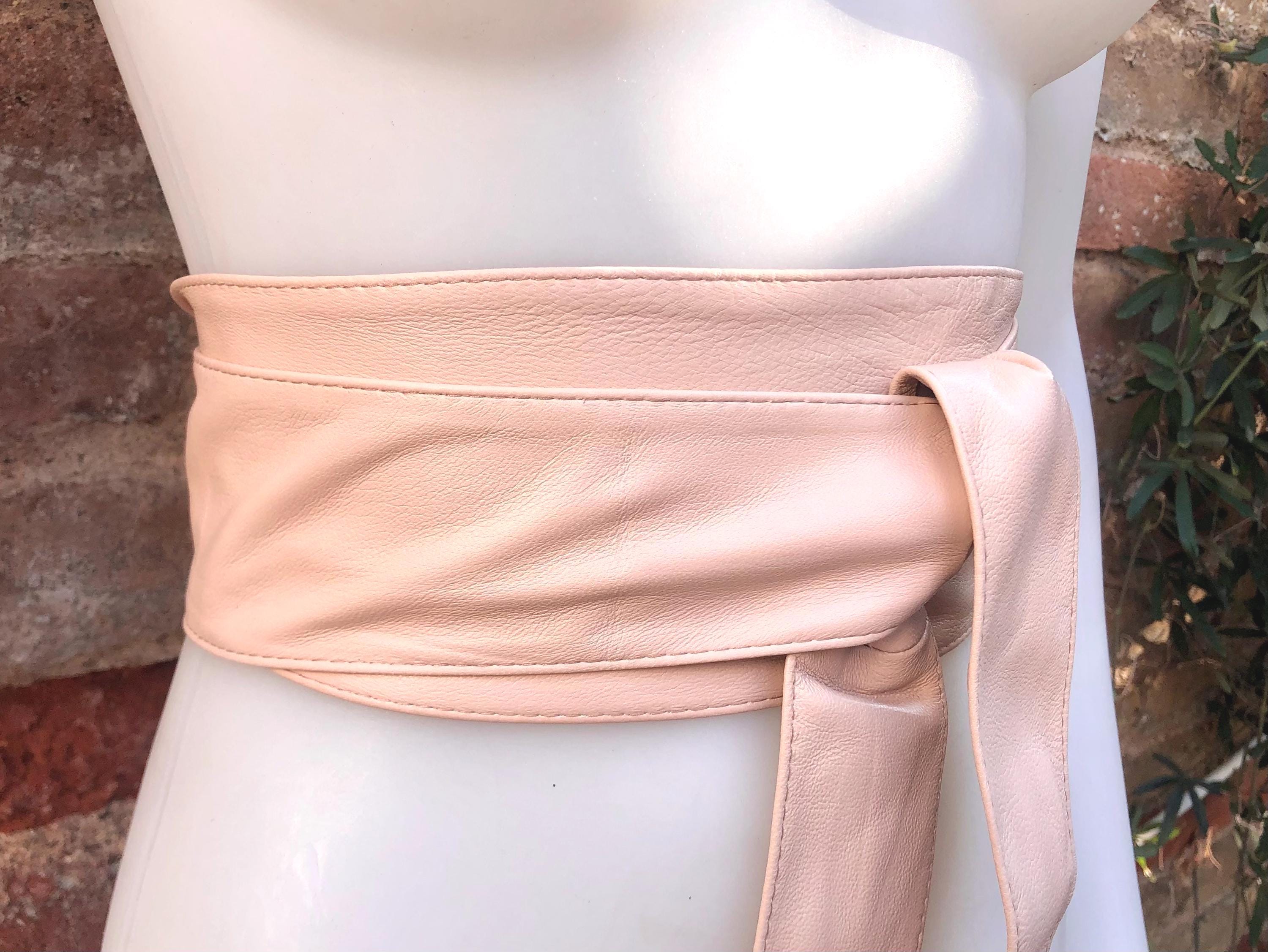 Light PINK obi belt. Soft genuine soft leather wrap belt. Wraparound waist belt. Wide style. Soft pink dress belt in metallic leather.