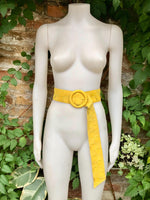 Bright yellow suede waist belt with large round buckle. Boho soft suede wide belt.Genuine natural yellow suede leather. Yellow dress belt