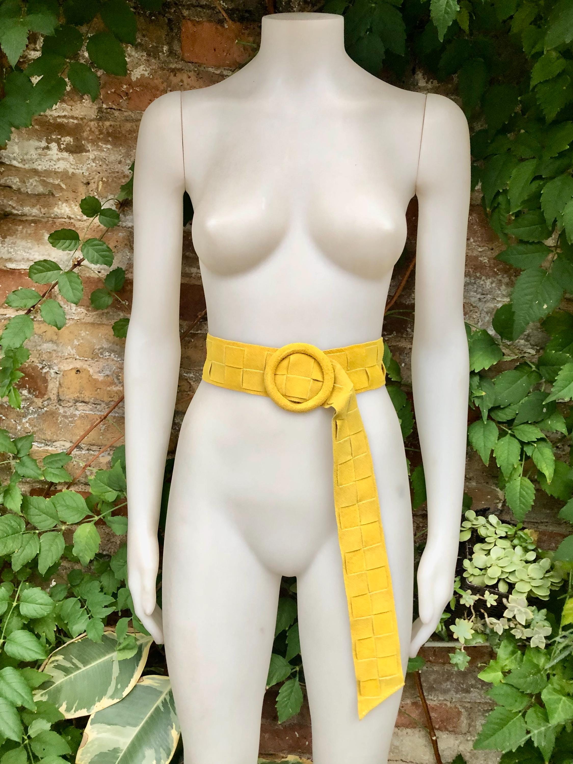 Bright yellow suede waist belt with large round buckle. Boho soft suede wide belt.Genuine natural yellow suede leather. Yellow dress belt