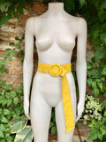 Bright yellow suede waist belt with large round buckle. Boho soft suede wide belt.Genuine natural yellow suede leather. Yellow dress belt