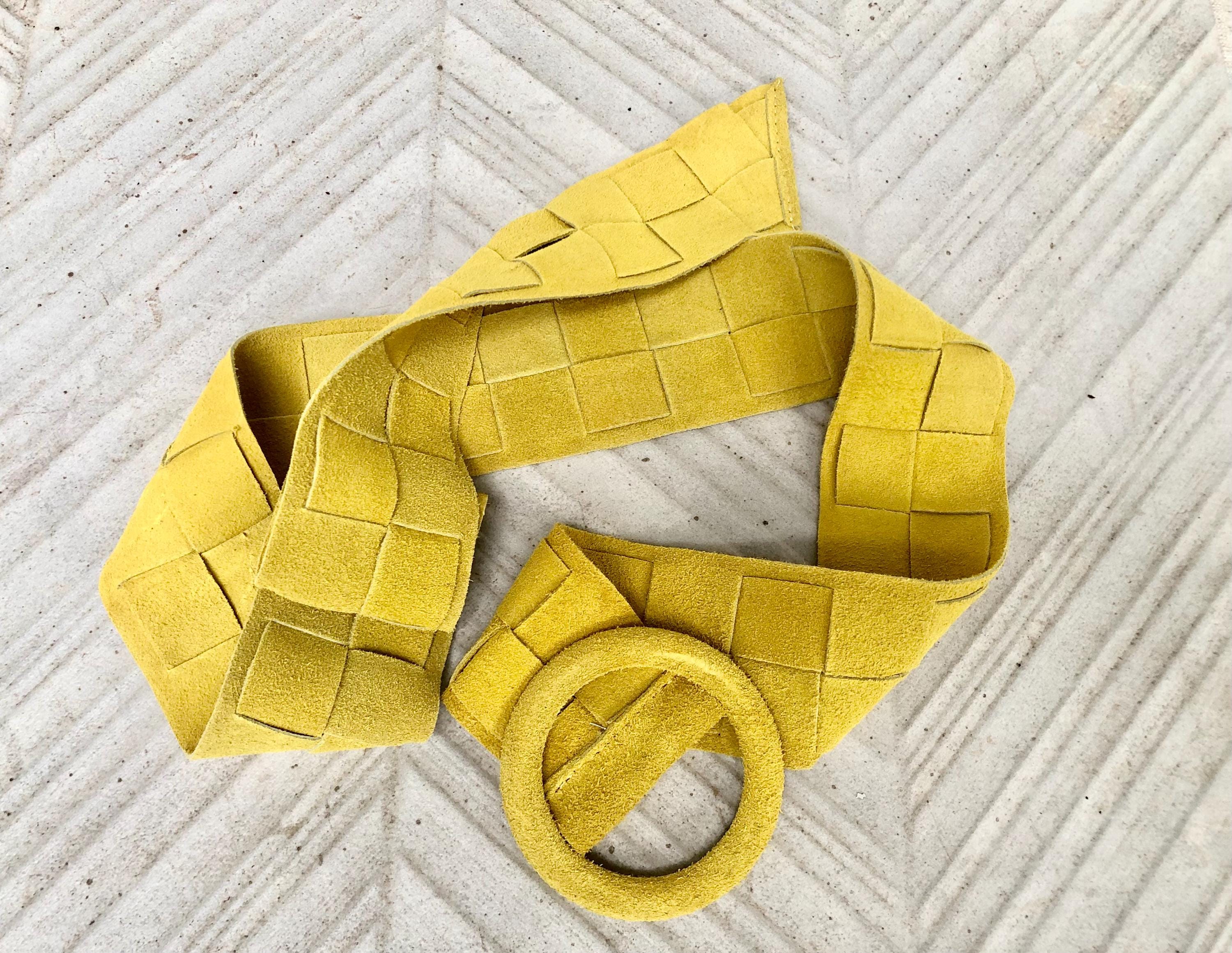 Bright yellow suede waist belt with large round buckle. Boho soft suede wide belt.Genuine natural yellow suede leather. Yellow dress belt
