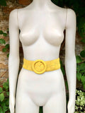Bright yellow suede waist belt with large round buckle. Boho soft suede wide belt.Genuine natural yellow suede leather. Yellow dress belt