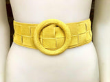 Bright yellow suede waist belt with large round buckle. Boho soft suede wide belt.Genuine natural yellow suede leather. Yellow dress belt