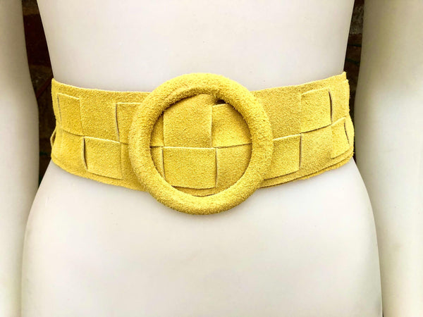 Bright yellow suede waist belt with large round buckle. Boho soft suede wide belt.Genuine natural yellow suede leather. Yellow dress belt