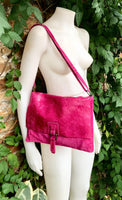 Magenta pink suede bag. Genuine leather purse. Crossbody fuchsia Messenger bag in soft natural leather for books, tablets. Hot pink purse