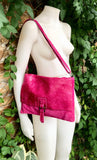 Magenta pink suede bag. Genuine leather purse. Crossbody fuchsia Messenger bag in soft natural leather for books, tablets. Hot pink purse