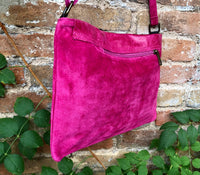 Magenta pink suede bag. Genuine leather purse. Crossbody fuchsia Messenger bag in soft natural leather for books, tablets. Hot pink purse