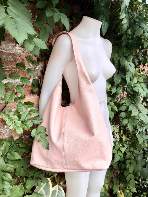 Slouch bag. Tote leather bag in light pink with ZIPPER. Soft genuine leather. Soft pink leather purse. Wide strap leather shoulder bag.