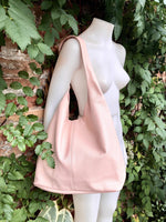 Slouch bag. Tote leather bag in light pink with ZIPPER. Soft genuine leather. Soft pink leather purse. Wide strap leather shoulder bag.