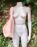 Slouch bag. Tote leather bag in light pink with ZIPPER. Soft genuine leather. Soft pink leather purse. Wide strap leather shoulder bag.