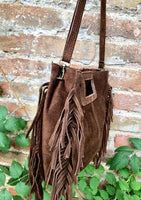 Dark brown crossbody fringed bag. BOHO suede leather bag with FRINGES. Chocolate brown genuine suede leather. Dark brown suede purse.