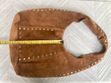 Slouch bag in CAMEL brown with bronze tacks and zipper. Genuine leather bag. Light tobacco color lined bag. Medium brown suede purse.