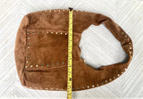 Slouch bag in CAMEL brown with bronze tacks and zipper. Genuine leather bag. Light tobacco color lined bag. Medium brown suede purse.
