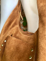 Slouch bag in TAUPE brown with bronze tacks and zipper. Genuine leather bag. Light BROWN color lined bag. Greyge brown suede purse.