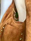 Slouch bag in CAMEL brown with bronze tacks and zipper. Genuine leather bag. Light tobacco color lined bag. Medium brown suede purse.