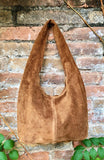 Slouch bag in CAMEL brown with bronze tacks and zipper. Genuine leather bag. Light tobacco color lined bag. Medium brown suede purse.