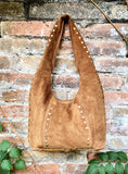 Slouch bag in CAMEL brown with bronze tacks and zipper. Genuine leather bag. Light tobacco color lined bag. Medium brown suede purse.