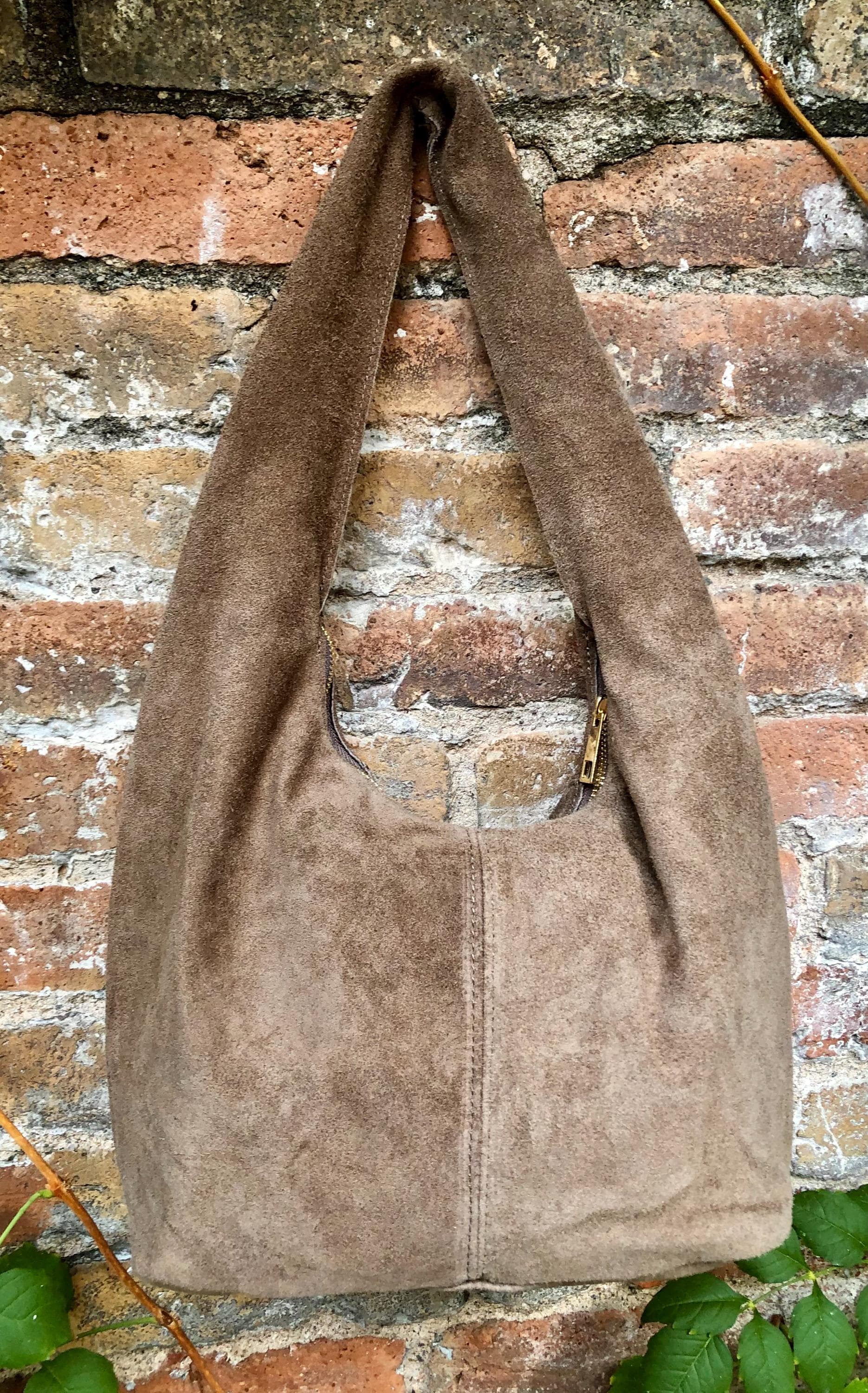 Slouch bag in TAUPE brown with bronze tacks and zipper. Genuine leather bag. Light BROWN color lined bag. Greyge brown suede purse.