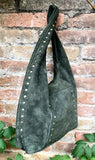 Slouch bag in dark green with bronze tacks and zipper. Genuine leather bag.Green color lined bag. Green suede purse. Wide strap shoulder bag