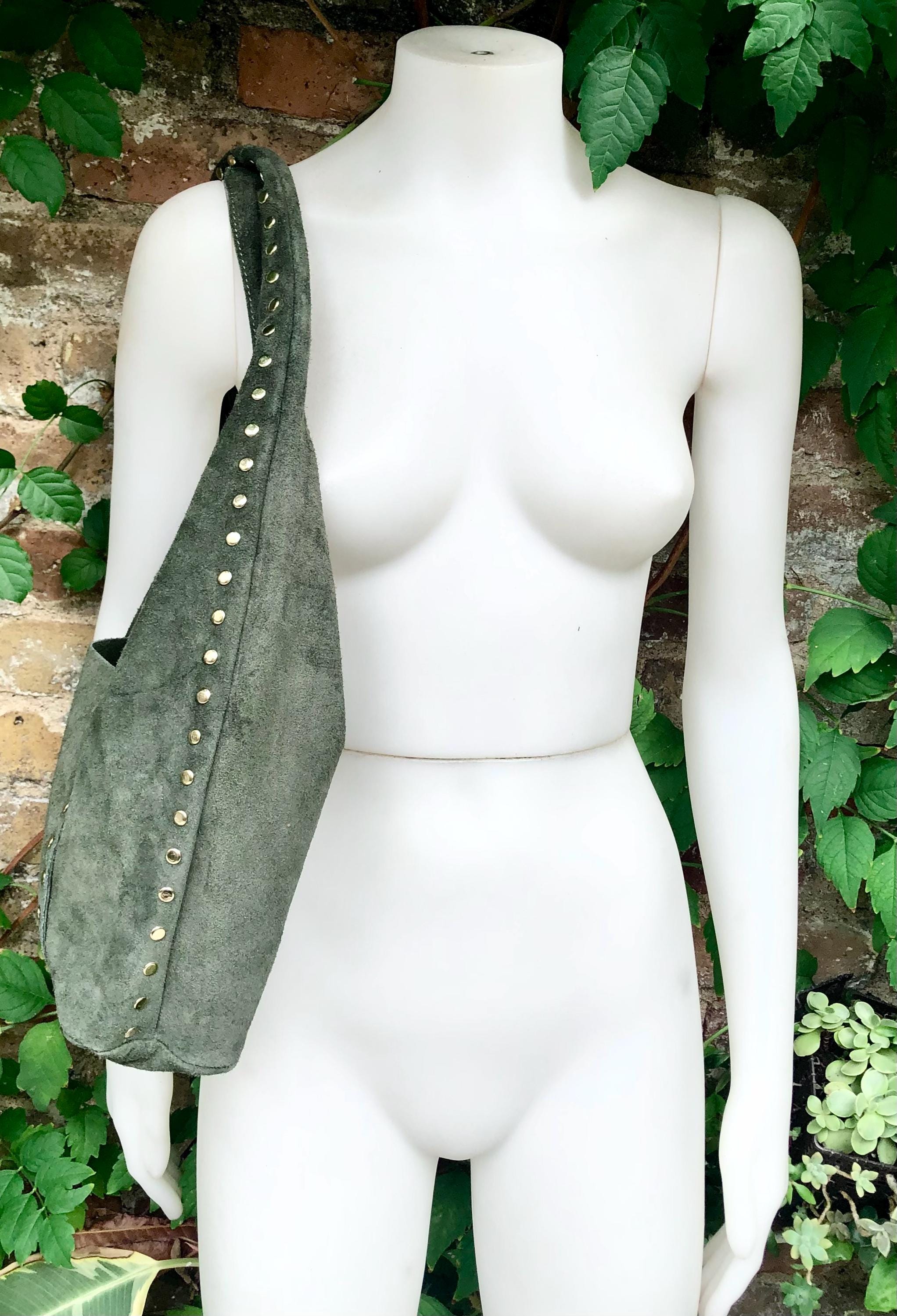Slouch bag in dark green with bronze tacks and zipper. Genuine leather bag.Green color lined bag. Green suede purse. Wide strap shoulder bag