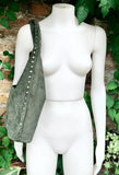 Slouch bag in dark green with bronze tacks and zipper. Genuine leather bag.Green color lined bag. Green suede purse. Wide strap shoulder bag