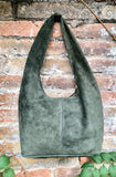 Slouch bag in dark green with bronze tacks and zipper. Genuine leather bag.Green color lined bag. Green suede purse. Wide strap shoulder bag