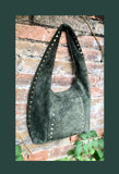 Slouch bag in dark green with bronze tacks and zipper. Genuine leather bag.Green color lined bag. Green suede purse. Wide strap shoulder bag