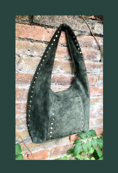 Slouch bag in dark green with bronze tacks and zipper. Genuine leather bag.Green color lined bag. Green suede purse. Wide strap shoulder bag