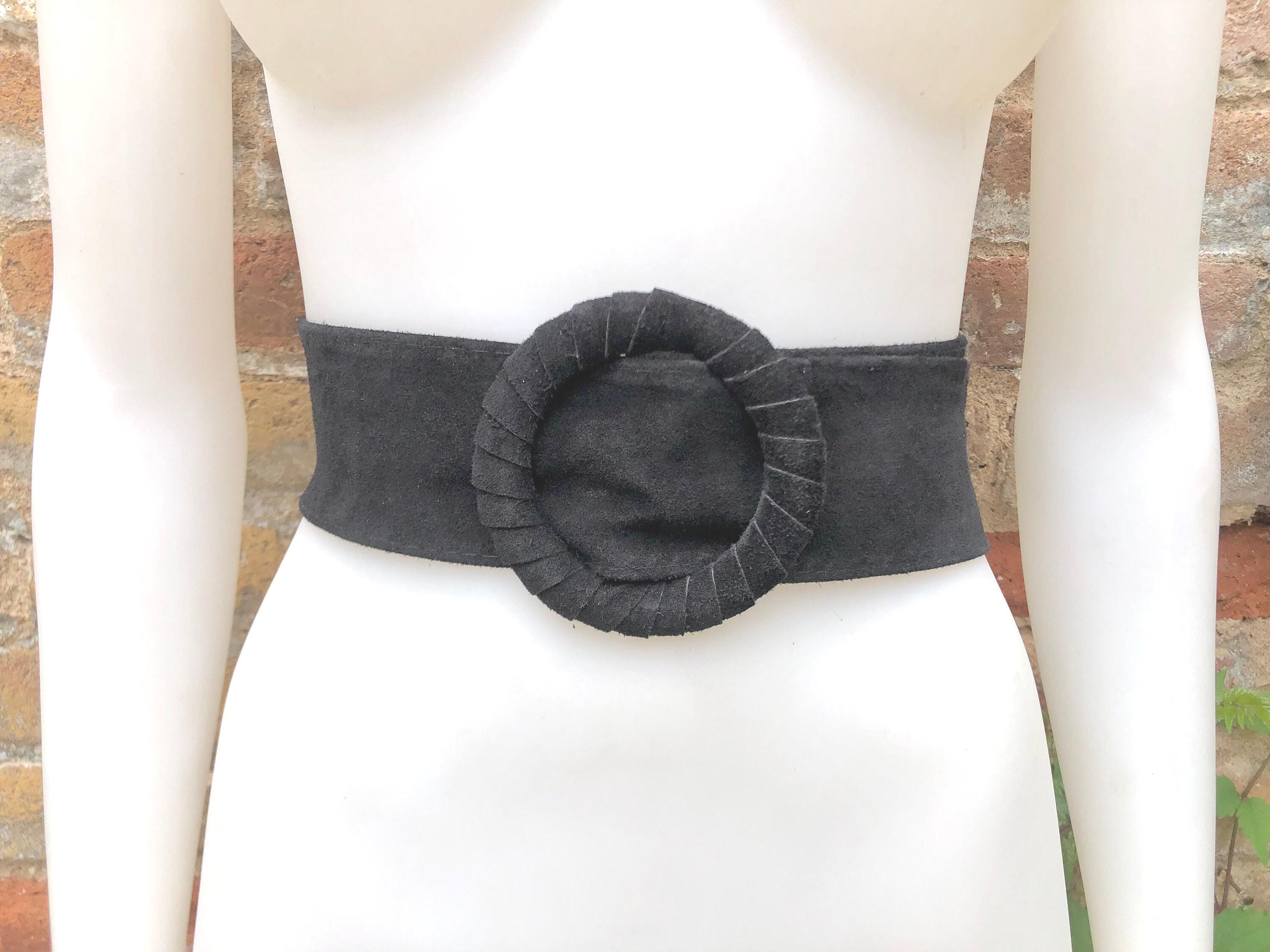Black suede waist belt with large round buckle. Boho soft suede belt in BLACK Genuine natural BLACK suede wide belt